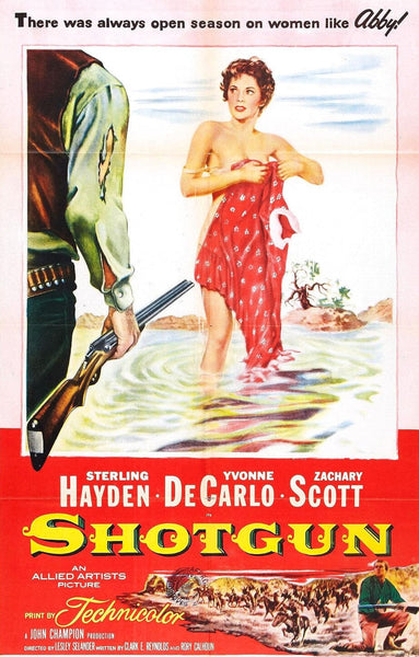 A woman stands waist-deep in water, holding a red polka-dot towel, while a person with a shotgun watches from the shore. Below the image, the title "Shotgun (1958) DVD" and actor names are displayed, showcasing this rare and hard-to-find classic—a true gem for collectors of vintage movies.