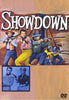 Showdown (1963) DVD cover features five men in Western attire aiming guns, with an inset below depicting a man aiming a gun at a woman, both dressed in vintage clothing against a light brown and pink background—an essential addition to any collection of rare or classic movies on DVD.