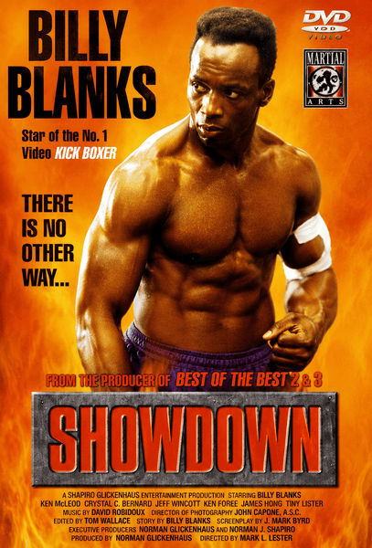 A muscular man in boxing gloves and shorts strikes a fighting pose on the DVD cover for Showdown DVD (1993), set against bold orange text and classic action movie credits. Perfect for fans of rare films on DVD, this martial arts favorite captures the intensity of Billy Blanks' powerful performance and delivers all the excitement of a '90s action classic.