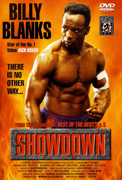 A muscular, shirtless man with white hand wraps and a serious expression is featured on the cover of the Showdown DVD (1993), with bold orange text and martial arts imagery—an intense karate action film that’s a must-have for collectors of rare movies on DVD.