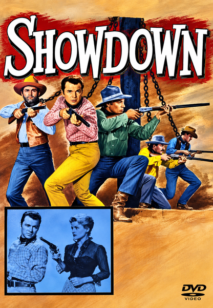 The “Showdown (1963) DVD” cover features six cowboys locked in a gunfight beneath the bold “Showdown” title, with an inset showing a tense moment as a man points his gun at a woman holding her own pistol. Designed in classic Western style with vivid colors and dynamic poses, this DVD is ideal for collectors seeking rare movies or fans of Audie Murphy westerns.