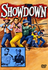The “Showdown (1963) DVD” cover features six cowboys locked in a gunfight beneath the bold “Showdown” title, with an inset showing a tense moment as a man points his gun at a woman holding her own pistol. Designed in classic Western style with vivid colors and dynamic poses, this DVD is ideal for collectors seeking rare movies or fans of Audie Murphy westerns.