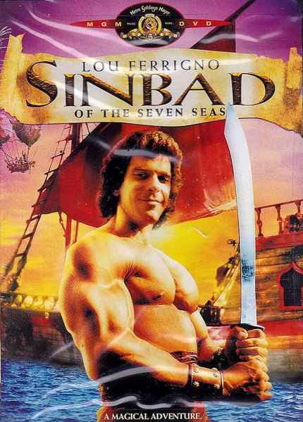 DVD cover for Sinbad of the 7 Seas (1989) DVD featuring a muscular man wielding a sword, set against a backdrop of a red-sailed ship and dramatic skies. The text above highlights Lou Ferrigno and A Magical Adventure—making this DVD a true gem for collectors of rare classic movies and fans of 80s fantasy adventure.