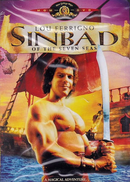 Sinbad of the 7 Seas (1989) DVD cover features a muscular, curly-haired hero with a sword before a ship with red sails at sunset. Includes text: Lou Ferrigno and “A Magical Adventure.” A rare fantasy adventure from the 80s on DVD.