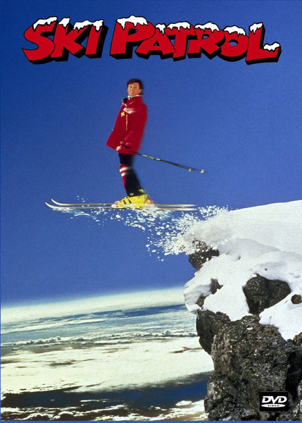 A skier leaps off a snowy cliff as SKI PATROL blazes above—relive the comedy with Ski Patrol DVD (1990), now on rare movies DVD. The DVD logo appears at the bottom right.