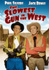 The Slowest Gun in the West (1960) DVD cover shows two men in cowboy outfits—one with pistols and a surprised expression, the other with arms crossed—standing before a western town. The title and actors’ names are displayed at the top.