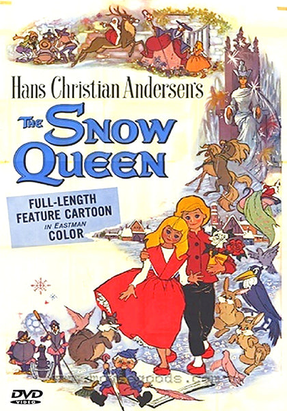 The DVD cover of The Snow Queen DVD (1957) features a boy and girl walking hand in hand, surrounded by magical characters and icy landscapes, with the title and credits prominently displayed.