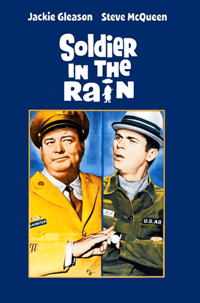 The Soldier in the Rain (1963) DVD poster features two uniformed men—one in yellow, amused, and one in green, surprised—set against a blue background with the film title above; perfect for classic movie fans.