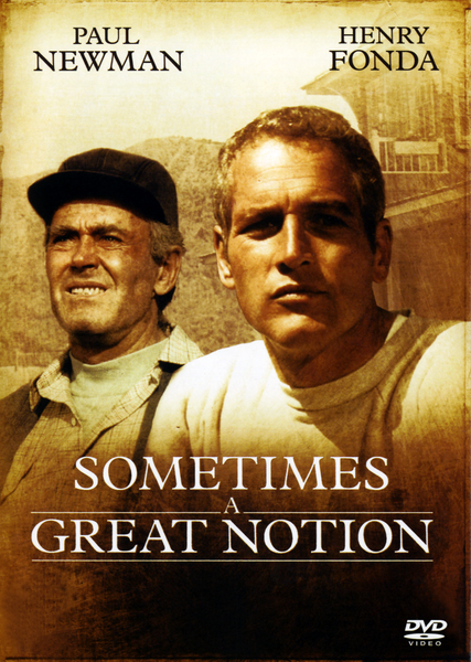 DVD cover for Sometimes A Great Notion DVD (1970) features two men looking forward, with the names Paul Newman and Henry Fonda displayed above the title. The sepia-toned design gives it a vintage appeal, making this Sometimes A Great Notion DVD (1970) a standout addition to any rare or hard-to-find movie collection.