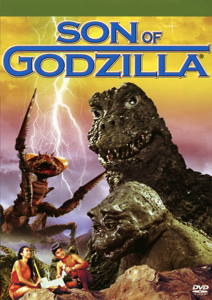 Son of Godzilla DVD (1967) cover showcases an action-packed kaiju adventure, with Godzilla and his son at the forefront beside a colossal insect, all under a sky crackling with dramatic lightning. Set against a vibrant, tropical backdrop, two people appear in the bottom left corner, reflecting the thrilling essence of this classic Godzilla film.