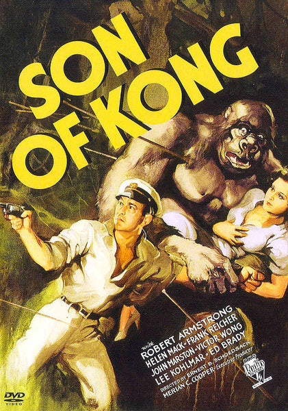 A vintage movie poster for the Son of Kong DVD (1933), the classic monster movie set on Skull Island, depicts a man in a sailor’s outfit, a woman in white, and a large protective gorilla. The title appears in bold yellow letters.