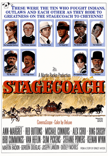 Movie poster for “Stagecoach” features illustrated portraits of ten characters above an old stagecoach fleeing across the plains, with bold, colorful cast and production credits below—a striking tribute to classic cinema and a must-have addition for any collector of rare movies or fans of the Stagecoach DVD (1966).