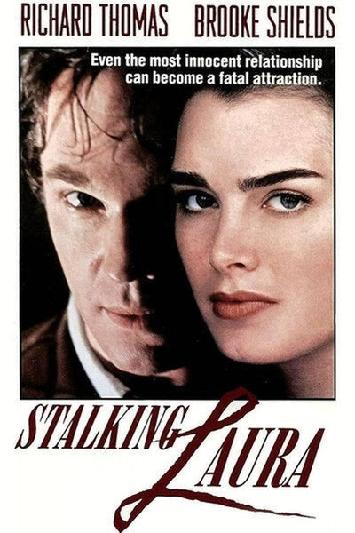 Richard Thomas and Brooke Shields appear with serious, intense expressions on the cover of “Stalking Laura (1993) DVD,” a rare classic that delves into the dangers of workplace obsession. The poster reads: Even the most innocent relationship can become a fatal attraction. This unforgettable stalking thriller is now available on DVD.