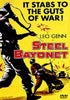 A vintage movie poster for Steel Bayonet shows a soldier with a bayonet and two soldiers in combat, set against a bright yellow background. The text proclaims: "It stabs to the guts of war! Leo Genn in Steel Bayonet." Perfect for fans of WWII war drama, this striking artwork captures the intensity found in rare films like those featured on the Steel Bayonet DVD.