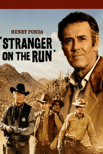 Stranger on the Run DVD (1967) features a classic movie poster showcasing Henry Fonda in a prominent portrait, set against desert mountains, cacti, and dramatic cowboy scenes, with bold text displaying the film’s title—an essential collectible for enthusiasts seeking rare westerns on DVD.