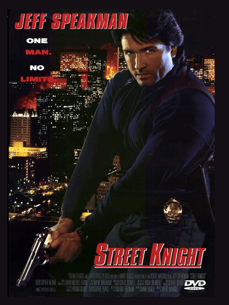 Movie poster for Street Knight DVD (1993) featuring a man in black holding a gun, city lights illuminating the background. Text reads: Jeff Speakman. One man. No limits. This action-packed film delivers nonstop excitement—Street Knight DVD (1993) symbol shown in the corner.