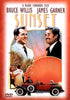 The Sunset DVD (1988) cover showcases two smiling men in suits, a vintage car, and a striking sunburst background, with smaller scenes below depicting dancing and a car driving. The names Bruce Willis and James Garner are prominently featured at the top, making this a must-have for classic movie collectors on DVD.