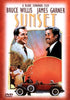 Movie poster for Sunset DVD (1988) featuring two men in suits smiling against a sunset background, with a vintage car and a dancing couple. The top displays the actors’ names Bruce Willis and James Garner—ideal for fans of rare movies on DVD and classic movies on DVD.
