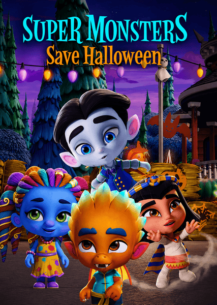 Four animated monster kids dressed in vibrant costumes stand smiling outdoors at night, surrounded by Halloween decorations. “Super Monsters Save Halloween” appears at the top center of the image, showcasing the playful energy of this 2018 children’s movie—an ideal addition to your next Halloween DVD collection.