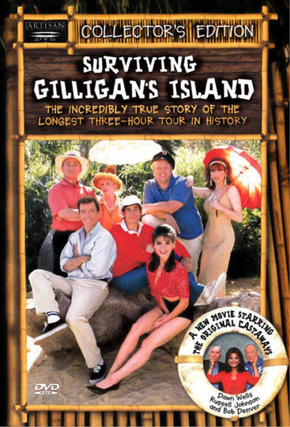 Seven people, dressed in tropical outfits, stand on a beach set decorated with palm trees and props. The title reads “Surviving Gilligan’s Island.” This is the collector's edition Surviving Gilligan's Island DVD—a classic TV documentary that offers an exclusive look behind the scenes of the beloved show.