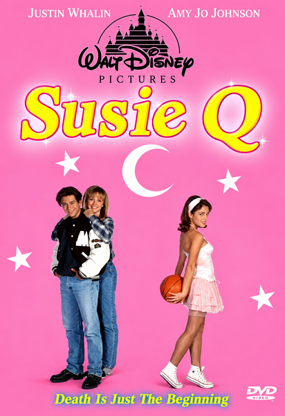 Three teens pose against a pink backdrop adorned with moons and stars, as “Susie Q” is prominently displayed in bold yellow letters, reflecting the charm of this classic Disney made-for-TV movie. The cover features a castle logo, the actors’ names, and the tagline “Death Is Just The Beginning.” One of the girls clutches a basketball. This Susie Q DVD (1996) is formatted in NTSC Region ALL for broad compatibility.