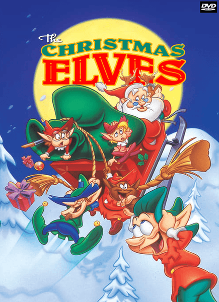 Cartoon elves and Santa glide in a sleigh over snowy hills beneath a full moon, with gifts tumbling from above. The bold title “The Christmas Elves” shines in red and yellow at the top, making this scene ideal for fans of rare classic films or anyone looking to add the The Christmas Elves (1995) DVD to their festive holiday collection.