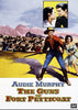 A cowboy with a rifle stands before a group of armed women, with mountains and gunfire in the background. At the top, an inset shows a man and woman facing each other closely. Text reads: The Guns of Fort Petticoat DVD (1957)—the classic Western starring Audie Murphy—now available.