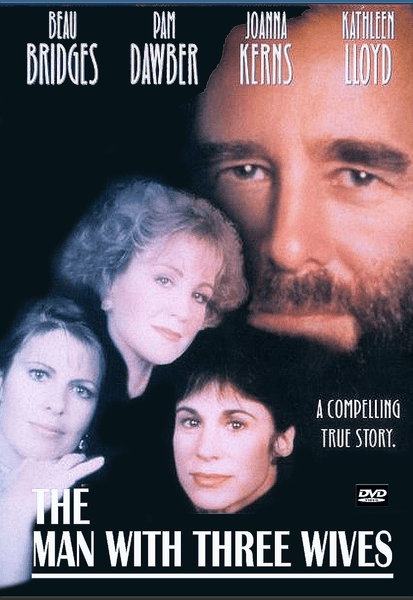 Movie poster for The Man with Three Wives DVD (1993), a made-for-TV film, featuring a man’s face in the background and three women’s faces in the foreground, along with cast names and the tagline “A compelling true story.” Perfect for collectors of rare movies on DVD.