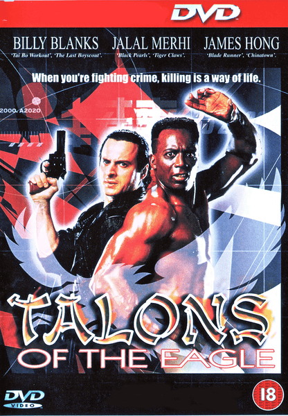 Talons of the Eagle DVD (1992) cover features a dramatic red and black background with two men—one aiming a gun, the other poised in a martial arts stance—and bold title text displayed at the bottom.