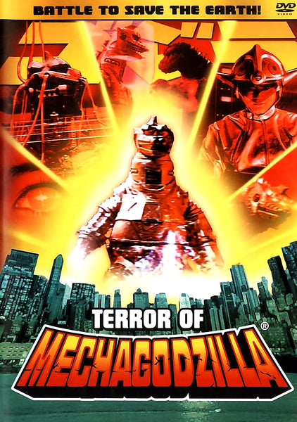 Terror of MechaGodzilla DVD (1975) cover art showcases Mechagodzilla against a dramatic cityscape, with human characters in suits and the bold tagline Battle to Save the Earth! in striking red and yellow. An essential addition for classic movie fans and collectors looking to add an iconic Godzilla DVD to their collections.