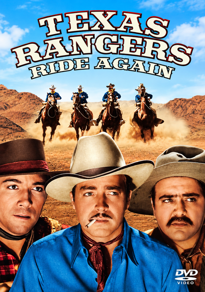 DVD cover for Texas Rangers Ride Again (1951) DVD features three men in cowboy hats standing front and center, with a group of horseback riders in the background against rocky desert scenery. The bold title is prominently displayed above—ideal for collectors of rare films on DVD or fans of the legendary Texas Rangers movie series.