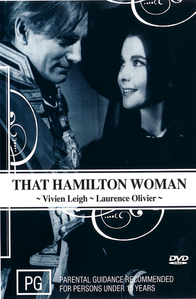 Black and white DVD cover for That Hamilton Woman DVD (1941), a historical romance film, featuring Vivien Leigh and Laurence Olivier smiling at each other, with a PG rating and decorative borders.