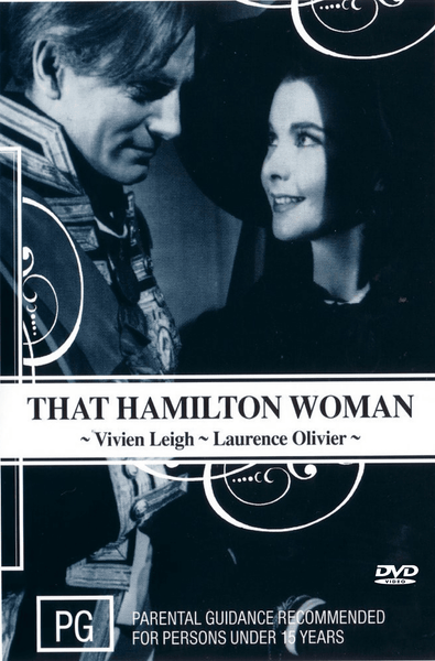 The black-and-white DVD cover for That Hamilton Woman DVD (1941) features a man in uniform and a woman smiling at each other. The historical romance stars Vivien Leigh and Laurence Olivier, with text indicating a PG rating and parental guidance advice.