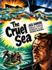 The Cruel Sea (1953) DVD movie poster illustration depicts a World War II sea drama with a ship exploding at sea, men in the water, and a group of sailors in a small boat, while a large close-up of a man’s face dominates the foreground.