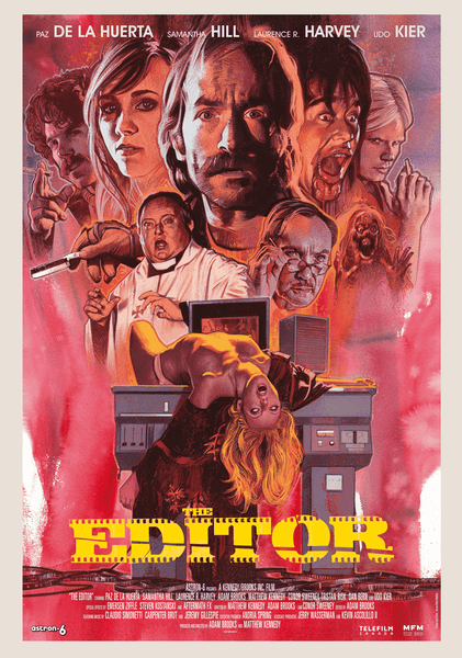 Retro-style movie poster for The Editor (2014) DVD, fusing horror-comedy and giallo vibes. Features dramatic portraits of distressed characters, a woman on an editing machine, and bold yellow-red title text at the bottom.