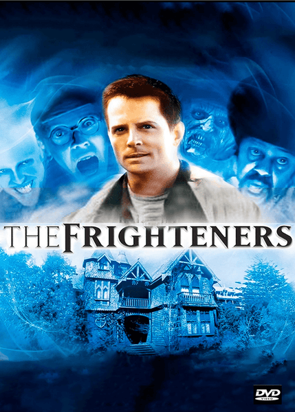 A man stands before eerie faces and a spooky house, with the title “The Frighteners (1996) DVD” beneath him, capturing the chilling allure of this horror-comedy film. The DVD logo appears in the bottom right corner, and the entire image is rendered in a blue color scheme.