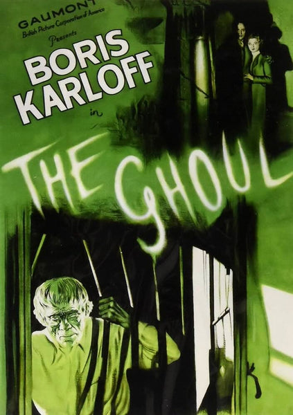 Vintage The Ghoul (1933) DVD poster features Boris Karloff’s bold name, eerie green and black colors, a spectral figure behind bars, and shadowy faces—ideal for classic movie fans or vintage horror collectors.