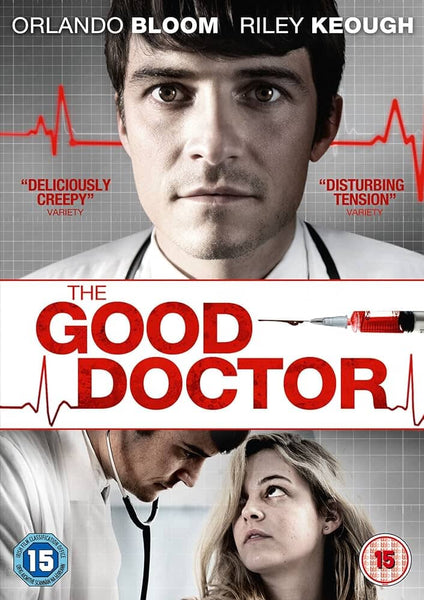 The Good Doctor (2011) DVD movie poster shows Orlando Bloom as a serious doctor in a white coat with stethoscope, a red syringe forming a heart rate line, and an anxious woman patient. Includes quotes and actors’ names.