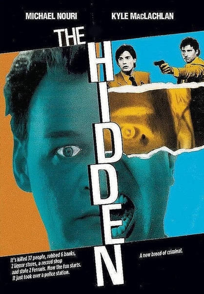 DVD movie poster for The Hidden (1987) DVD—a cult classic featuring a split face in blue and beige tones, with two men aiming guns and striking typography. This 1980s sci-fi action thriller showcases its tagline and film details at the base, making it an essential addition for collectors and fans of rare DVDs.