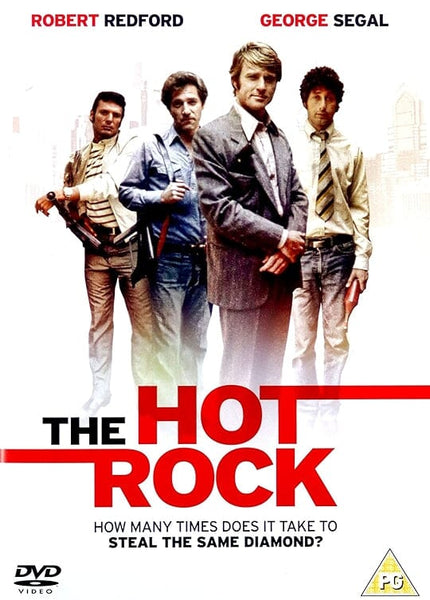 The Hot Rock (1972) DVD cover features four men in 1970s outfits suggesting a heist, set against city buildings. Robert Redford’s name appears at the top, with the film’s title displayed at the bottom.