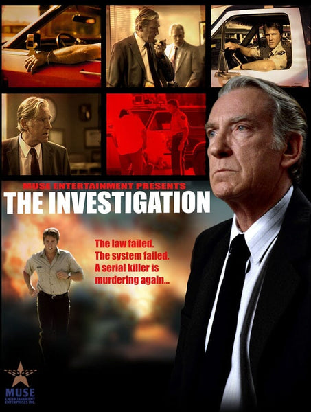 A movie poster for The Investigation (2002) DVD shows an older man in a suit with a serious look, police scenes in red and yellow, and the text: The law failed. The system failed. True Crime story about serial killer Clifford Olsen.