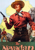 A vintage movie poster features a cowboy in a red shirt and tan hat with a revolver, while a woman stands behind him among cliffs. The Nevadan (1950) DVD is ideal for fans of classic Westerns or rare collectible movies.