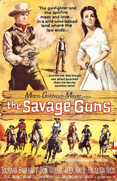 Capture the spirit of classic Western cinema with The Savage Guns (1962) DVD, featuring cover art that showcases a cowboy and a woman brandishing guns, a band of riders below, and striking, dramatic text. Infused with Spaghetti Western flair, the illustrated design uses warm tones to evoke the iconic style of vintage movie posters.