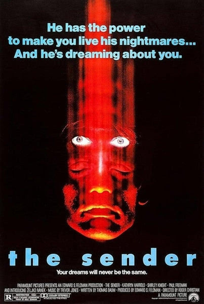 DVD cover for The Sender (1982) features a glowing, terrified face with a red beam over it and the tagline: He has the power to make you live his nightmares… And he’s dreaming about you. This psychological horror standout is rarely available on DVD, with the title and credits displayed at the bottom.