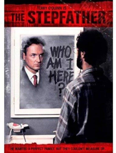 A man faces a mirror reading WHO AM I HERE?; his reflection is another man in a suit. The Stepfather (1987) DVD poster hints at cult horror, now out as a psychological thriller.