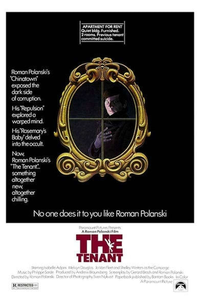 Poster for The Tenant (1976) DVD features a man peering through a round window. The design includes film credits, the tagline, and references to director Roman Polanski’s acclaimed work in psychological horror classics. Predominantly black and white with eye-catching red accents, this poster makes The Tenant (1976) DVD a standout addition to any collection of rare movies on DVD.