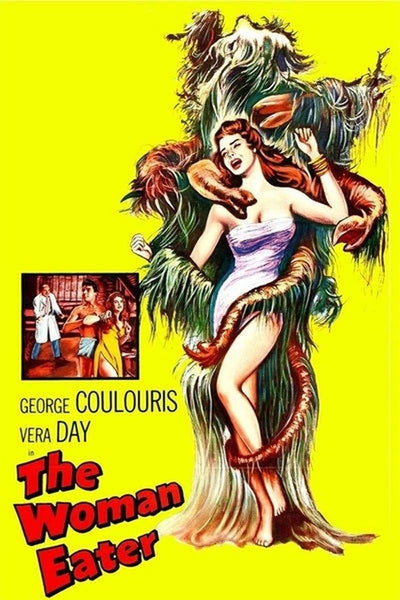 The Woman Eater (1958) DVD features a vintage movie poster with a dramatic scene of a woman being seized by a plant monster from this cult classic film. The bold red title, “The Woman Eater,” is prominently displayed, with cast members George Coulouris and Vera Day listed below. An inset image shows two distressed figures, evoking the eerie British horror style typical of rare, hard-to-find movie DVDs.