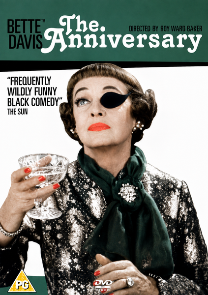 A woman with an eye patch, vibrant red lipstick, and painted nails holds a crystal glass, dressed in a patterned outfit accented by a green scarf. The cover of The Anniversary DVD (1968) reads “The Anniversary,” starring Bette Davis—an essential addition for classic movie fans.
