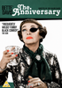 A woman with an eye patch, vibrant red lipstick, and painted nails holds a crystal glass, dressed in a patterned outfit accented by a green scarf. The cover of The Anniversary DVD (1968) reads “The Anniversary,” starring Bette Davis—an essential addition for classic movie fans.