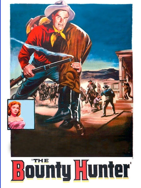 A vintage movie poster for The Bounty Hunter (1954) DVD features a cowboy with a rifle stepping forward, a woman’s portrait inset, and a dramatic Western town shootout in the background. Bold text at the bottom announces “The Bounty Hunter.” This is an ideal collectible for fans of classic bounty hunter western adventures on DVD.